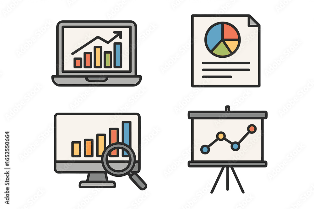 Poster set of business data analysis icons. vector illustration of financial report, statistics chart, pres