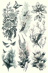 Obraz premium Botanical Flower Bundle – Hand-Drawn Black and White Line Art for Coloring Pages and Floral Crafts – High-Detail Monochrome Botanical Clipart Set