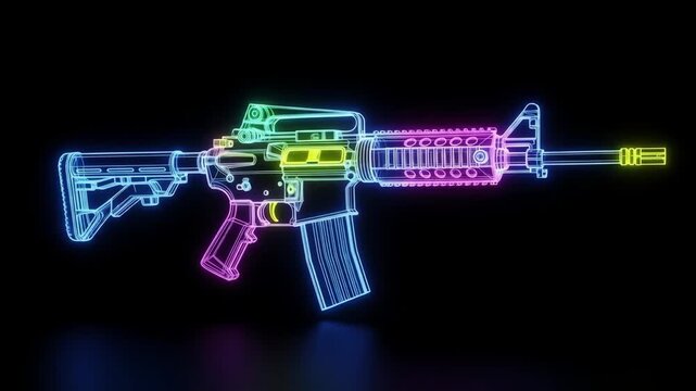 Neon AR-15 Rifle Blueprint - A vibrant, neon-colored wireframe video of an AR-15 assault rifle is displayed against a black background.