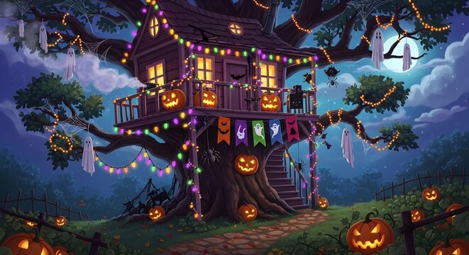 Enchanted Halloween treehouse adorned with glowing pumpkins ghost decorations and colorful lights at night - Powered by Adobe