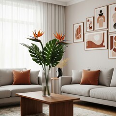 modern living room with sofa, flowers, wall decorations