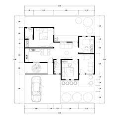 Black and White floor plan of a modern unfurnished house for your design. Suburban house vector blueprint. Architectural background.	