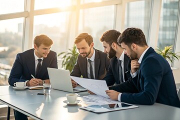 Businessmen having rooftop meeting with city view.