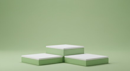 Three stacked square podiums with white tops on a muted green background