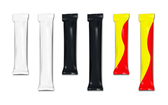 Blank tear notch stick pack plastic bag. Mock-up set. White, black, color design. Grooved long sachet pouch packet. Realistic vector mockup. Single dose, serving package. Easy editable template
