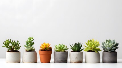Obraz premium Minimalist photo of a collection of small indoor succulents in modern pots, grouped neatly against plain white background