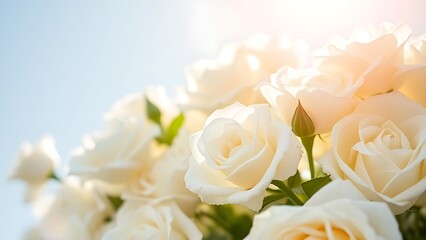 Obraz premium White roses in full bloom with soft sunlight and a gradient blue sky.
