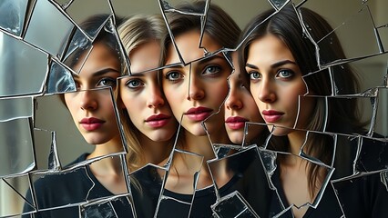 A shattered mirror reflecting different emotional faces instead of memories with missing pieces forming question marks.