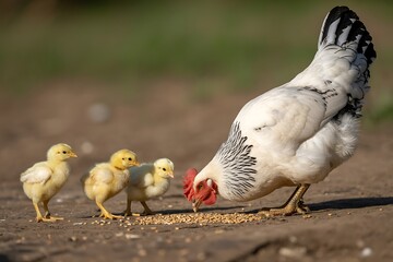 Hen and Chicks Pecking Grain: A Rustic Farm Scene