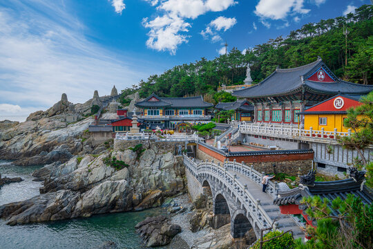 Busan, Haedong Yonggungsa Temple on a seaside cliff in Busan, South Korea, featuring stunning Buddhist architecture and ocean views.
