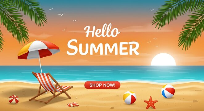 Tropical beach scene with hello summer greeting and beach chair - Powered by Adobe