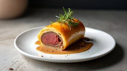AI-Generated Gourmet Beef Wellington: Perfectly Sliced Golden Puff Pastry with Medium-Rare Beef Tenderloin, Fresh Rosemary Garnish, and Rich Jus on Elegant White Platebread and butter.