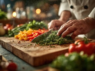 and keyword list based on the image, following your instructions

 Chef Chops Herbs on Wooden Board in Kitchen, Sprinkling Water for Freshness.
