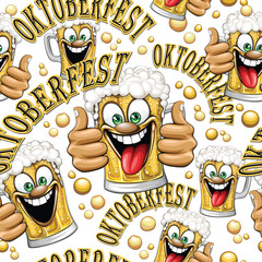 Oktober Fest Celebrtion Happy and funny glass of Beer Cartoon Character vector Fabric Motive Seamless Pattern Design
