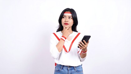 Indonesian Woman in Red and White, Holding Phone and Thinking on White Background