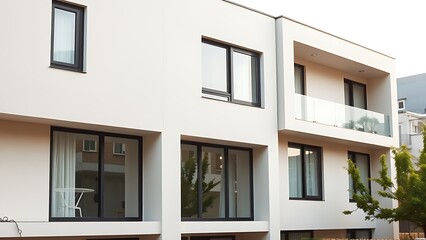 Obraz premium Modern residential architecture with minimalist design and large windows, blending seamlessly into its urban surroundings.