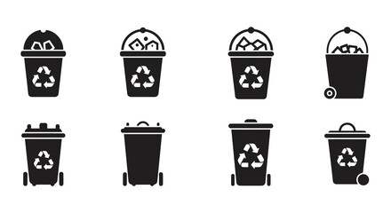 Set of Black Recycling Bin Icons for Waste Management and Environmental Conservation