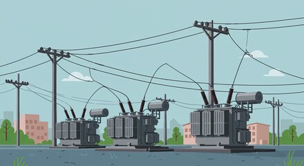 Gray Electrical Transformers with Power Lines in Cityscape
