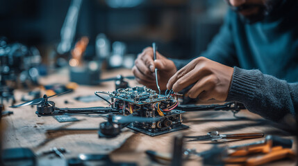 “A technician carefully working on the electronic wiring of a quadcopter drone, connecting circuits and components on a cluttered workbench filled with precision tools and spare parts.” ✅