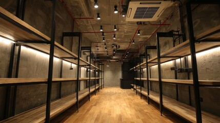 Fototapeta premium Modern minimalist interior of a spacious empty room with wooden shelves and industrial design elements