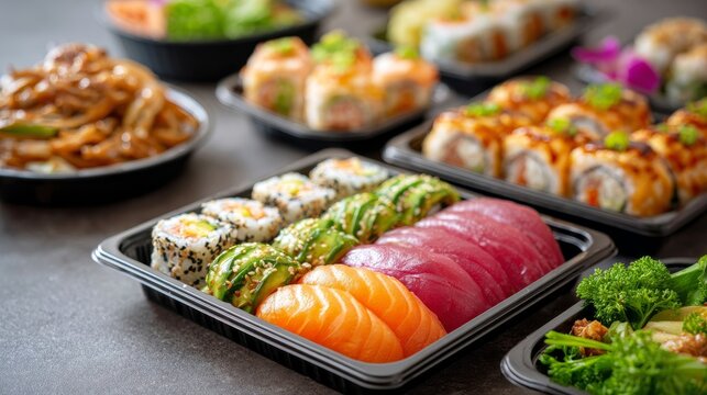 vibrant Asian takeout spread featuring various sushi rolls, sashimi, and noodle dishes, all neatly arranged in black plastic containers on a gray surface - Powered by Adobe