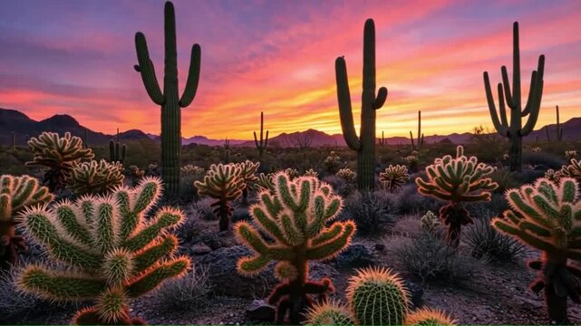 Desert sunset over saguaro and chollas