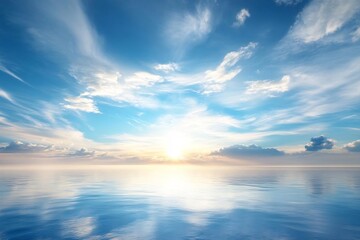 Serene sunrise reflecting over calm ocean waters with soft clouds above