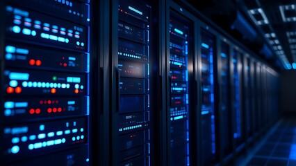 Modern data center server rack glowing blue, representing abstract technology in cool ambient light.