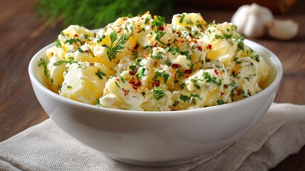 Healthy Meal Concept, Creamy potato salad garnished with herbs and spices in a white bowl. .