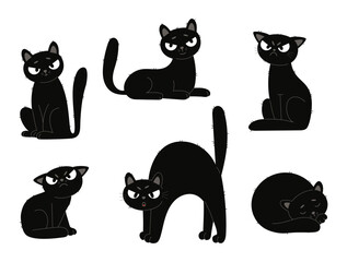 Cute Black Cat Collection. Isolated Funny Cartoon Pet on White Background. Vector illustration. Not AI