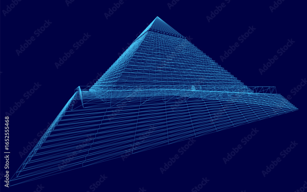 Poster a 3d wireframe model of the great pyramid of giza stands against a solid blue background, showcasing
