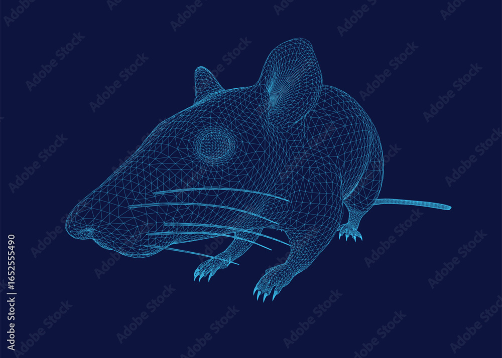 Poster a 3d wireframe rat model stands out against a dark blue background, showcasing intricate skeletal de