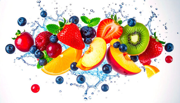 Explosi&oacute;n de frutas de temporada frescas. Fondo transparente PNG