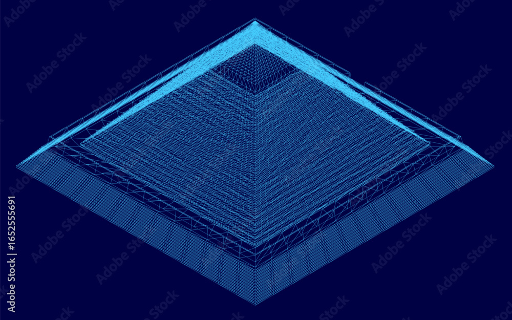 Poster a blue 3d cube with intricate wireframe lines and geometric shapes stands out against a dark blue ba