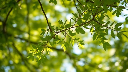 Lush green tree branches against a softly blurred sky, bathed in warm natural sunlight.