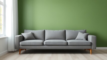 Minimalist living space with grey sofa against a green wall, clean and naturally lit interior.