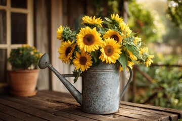 Fototapeta premium Sunflowers in a large metal watering can on a wooden porch