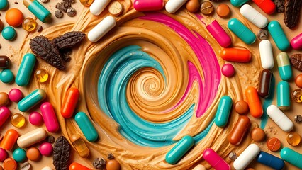 Swirling vortex of coffee and capsules, illustrating chemical imbalance and tension.