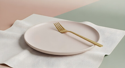 Empty plate with golden fork on a table