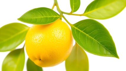 Vibrant fresh lemon with green leaves on white background, showcasing natural citrus texture.