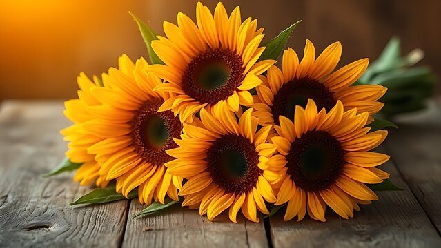 A sunflower bouquet on a rustic wooden surface, bathed in warm golden light. - Powered by Adobe