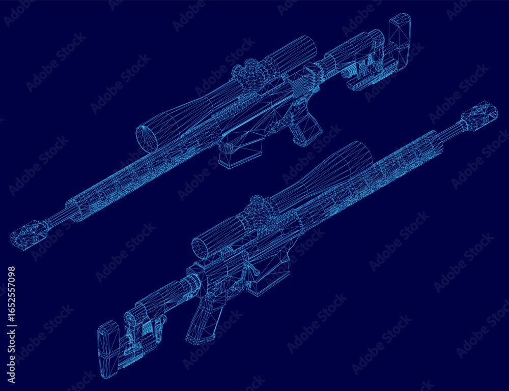 Poster a 3d wireframe model of a sniper rifle displayed on a clean blue background, showcasing intricate de