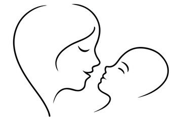 abstract continuous line art of mother kissing ba