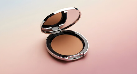 Face powder compact with mirror on pink background