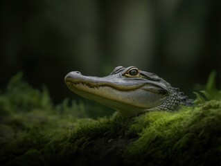 Fototapeta premium Close-up of a crocodile resting on lush green moss, showcasing intricate textures and vibrant colors in a serene natural environment, highlighting wildlife beauty and tranquility
