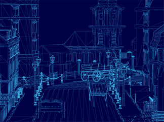 A medieval town blueprint at night features wireframe buildings, street poles, and a cart under moonlight. The detailed design includes illuminated street lights and a wooden fence.