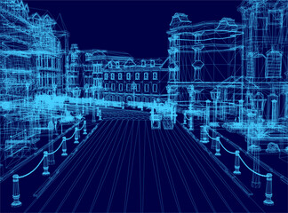 A medieval town blueprint displays a wireframe street at night, featuring illuminated buildings, poles, and lights against a dark background. The intricate design highlights architectural details.