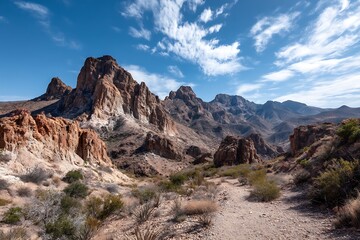 Background landscape of a mountainous desert in Texas, showcasing the rugged beauty of the arid terrain.