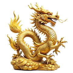 Fototapeta premium Chinese golden dragon statue isolated on white background PNG.AI Generated.