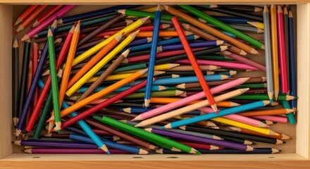 A collection of vibrant colored pencils displayed inside a wooden drawer